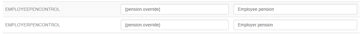 Image showing EMPLOYEEPENCONTROL and EMPLOYERPENCONTROL with {pension.override} as the Nominal Code.