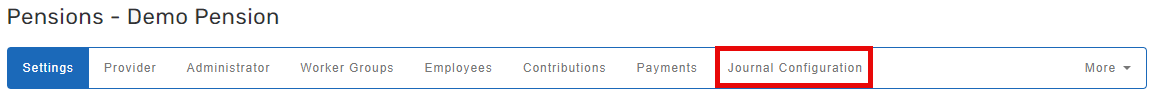 Image showing a pension scheme configuration menu with jounral configuration highlighted.