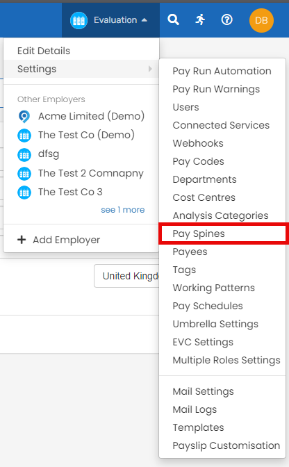 Image showing the menu location of settings and pay spines.