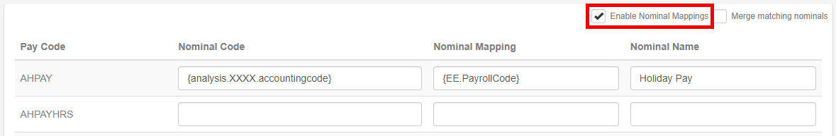 Image of the nominal settings with the nomial mappings selection highlighted