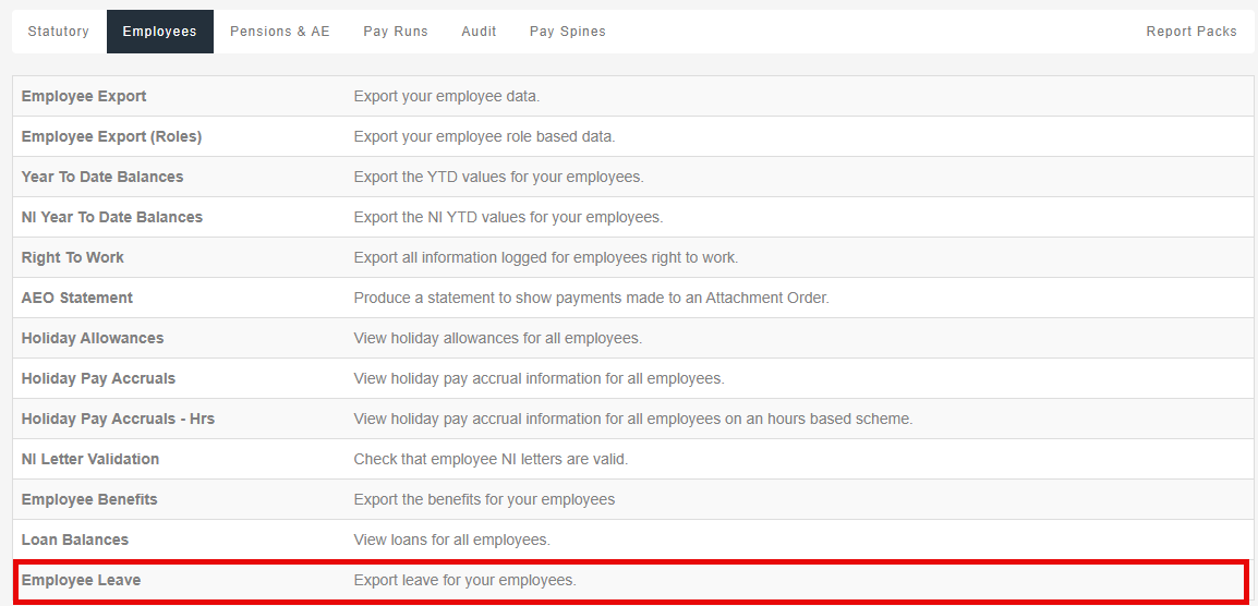 Image showing list of reports with employee leave highlighted. 