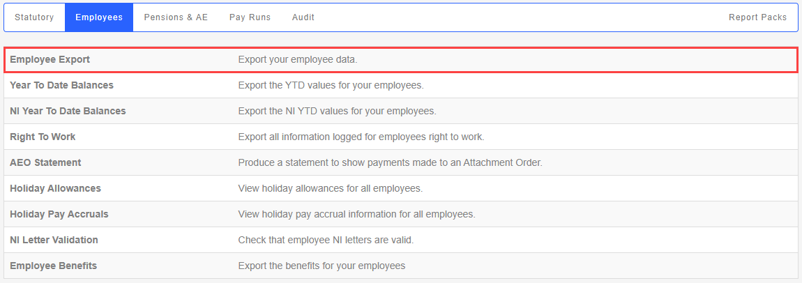 The Employee Reports screen with Employee Export report highlighted