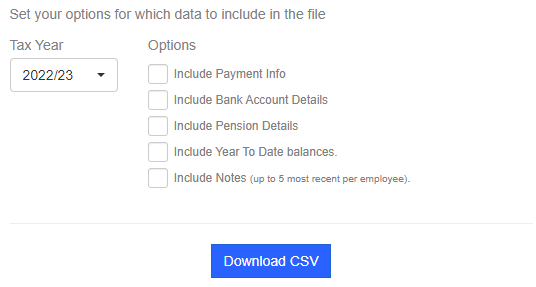 Employee export options screen