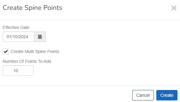 Image show9ing a new set of spine points being created with an effective from date and 10 spine points