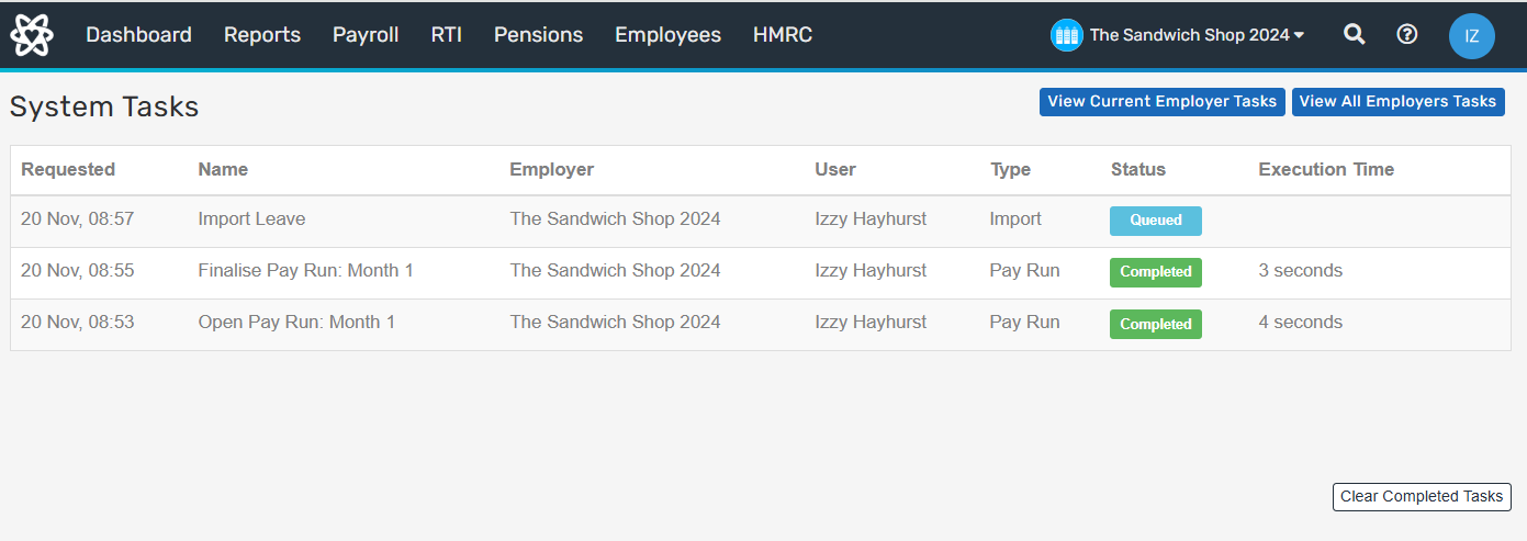 Screen showing example system tasks with 1 in the queue and 2 completed. 