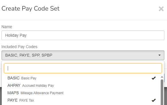 the create a pay code set screen