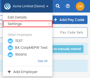 the Employer drop down menu, with Settings option highlighted