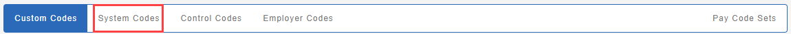 in the Employer settings menu, in the Pay codes menu, with System Codes highlighted