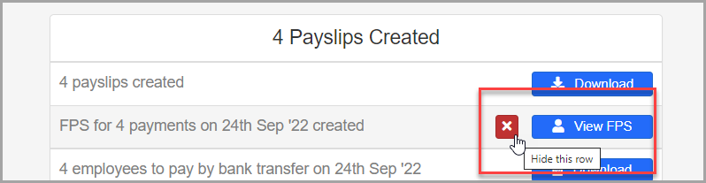 Viewing final pay run with red X for hiding a row indicated