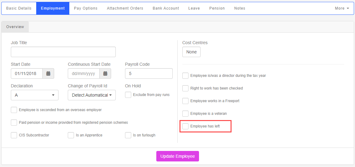 Employment screen in Employees menu, with Employee has left highlighted