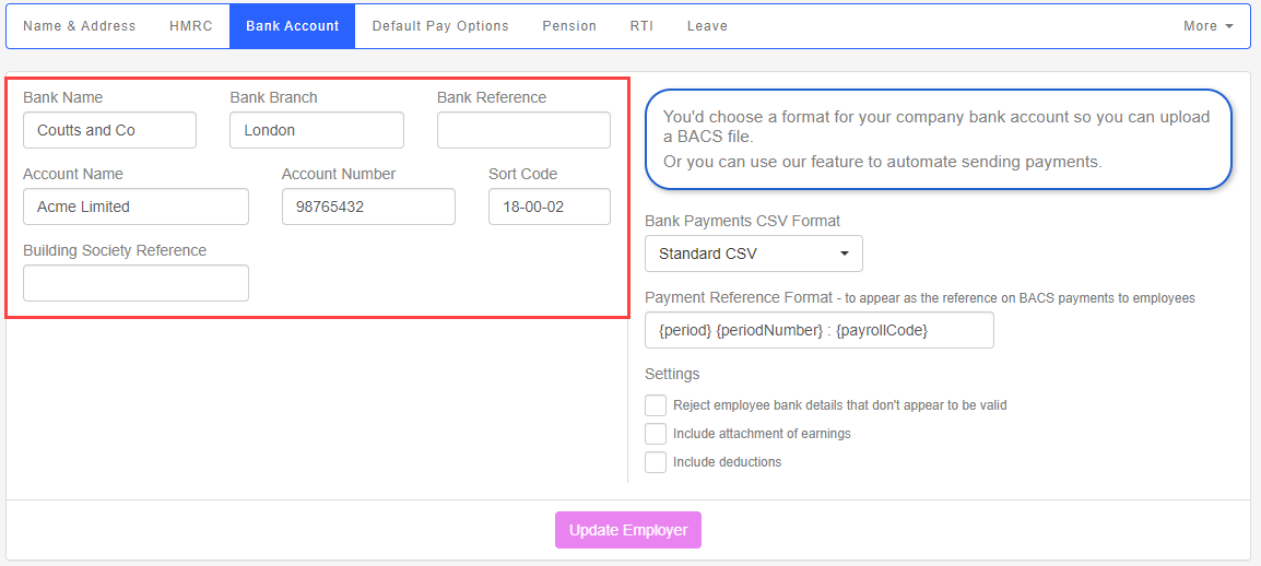 Enter the company bank detials.