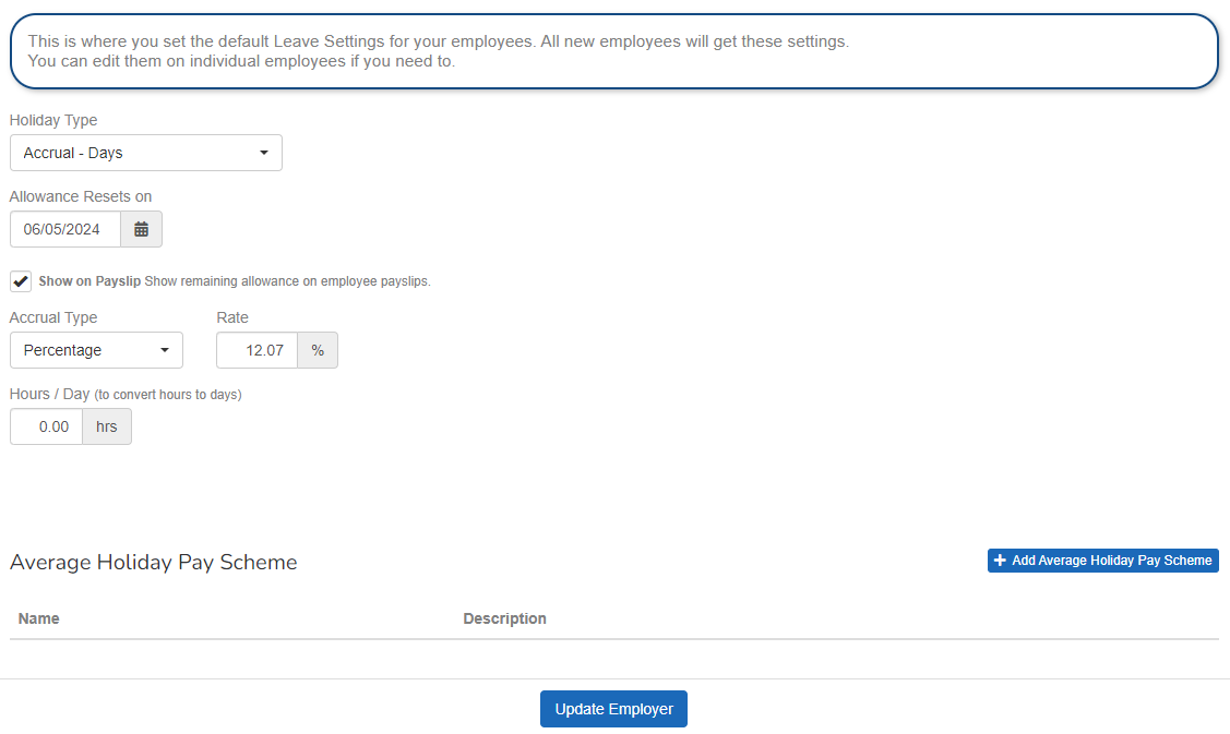 screen for setting holiday type, with option set to Accrual - Days