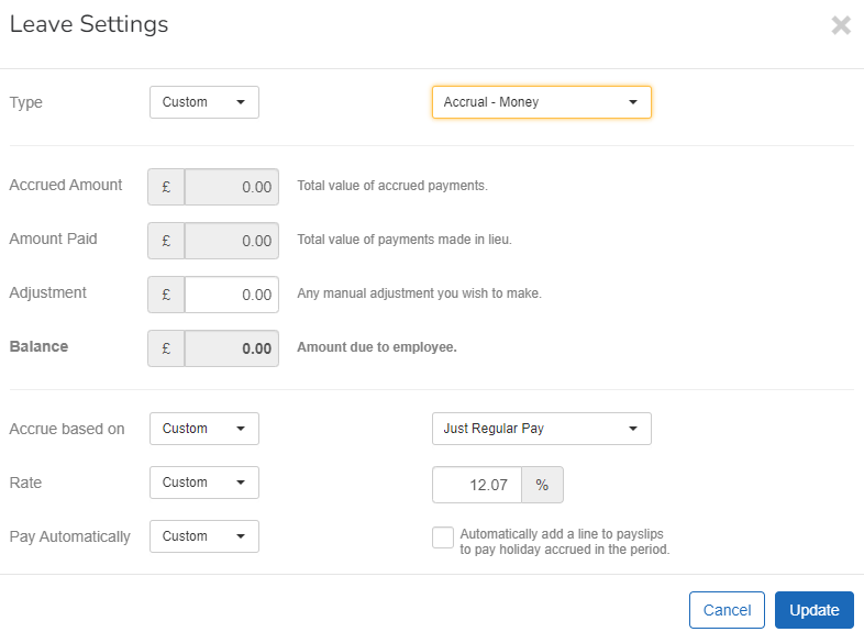 9leave settings screen with Accrual method set to Money