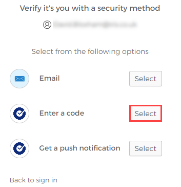 Okta verify screen with Enter a code Select button highlighted 