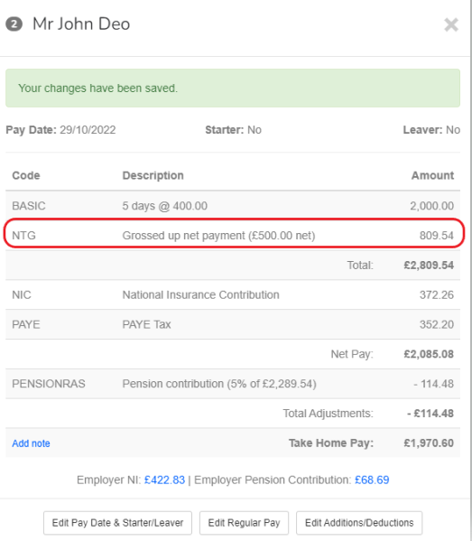 Employee payrun with NTG (net to gross) line highlighted