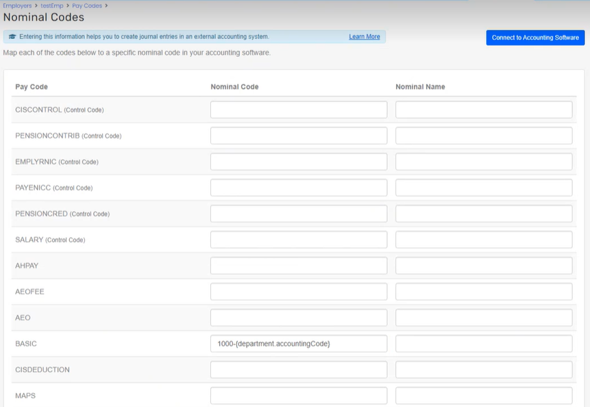 On the nominal codes page select Connect to Accounting Software to load the codes from your accounting platform.