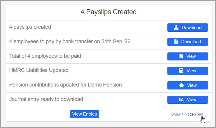 Viewing final pay run details, with hidden row indicated in the bottom right hand corner