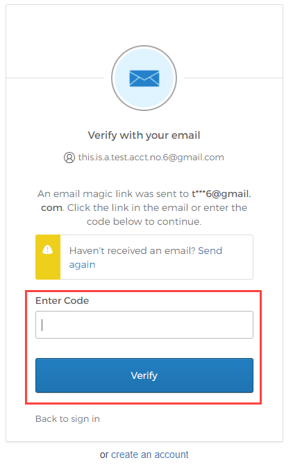 the Unlock your account process, on the Verify with your email screen, and the Enter Code option highlighted