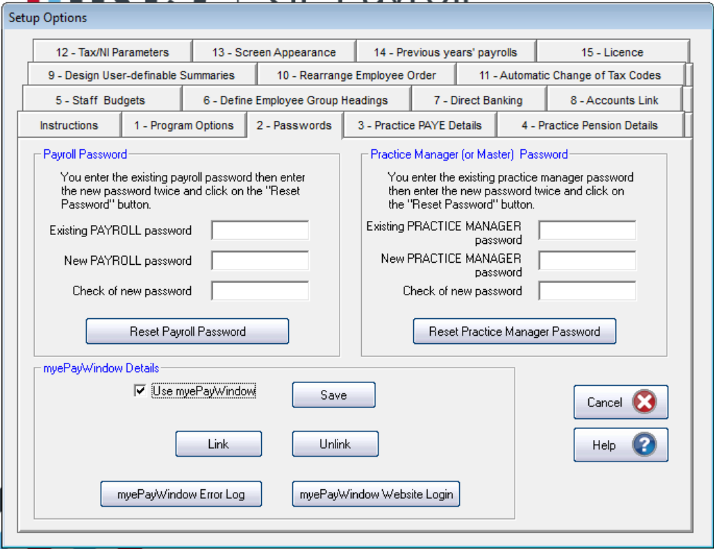 IRIS GP Payroll Setup Options, 2 - Passwords tab, with the myePayWindow Details section showing Use myePayWindow, Save, Link, Unlink, myePayWindow Error Log and myePayWindow Website Login