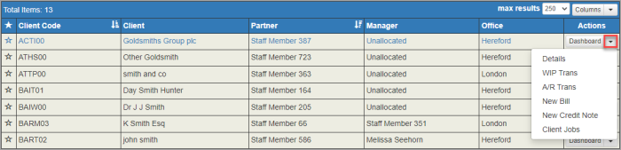 Search results grid with Actions list highlighted.