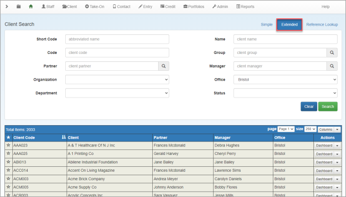 Client Search page with Extended search selected.
