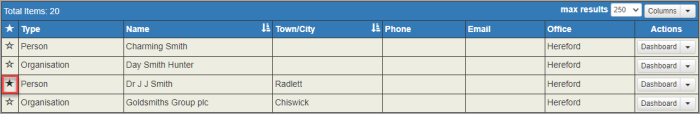 Grid list showing favourites icon.