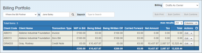 Billing Portfolio page showing billing information for clients you own.