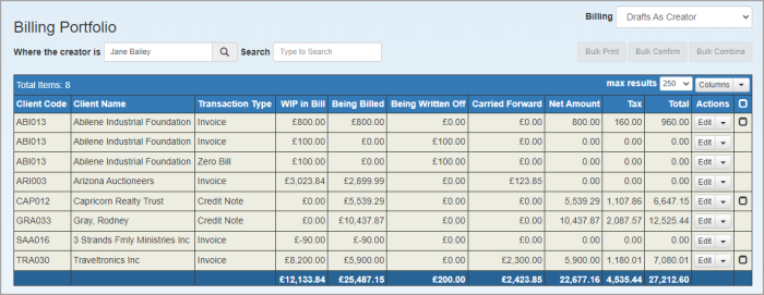 Billing Portfolio listing draft bills that you are created.