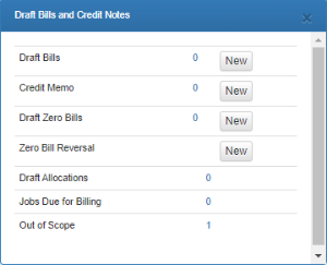 Draft Bills and Credit Notes dashlet.