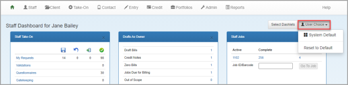 Staff Dashboard page with User Choice options.