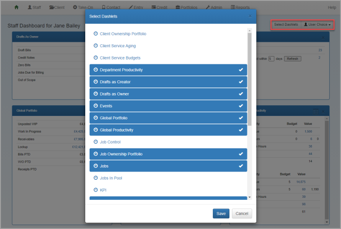 Example dashboard showing how to select dashlets to add.