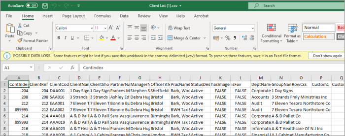 Excel spreadsheet showing exported results from grid list.