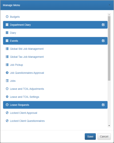 Manage Menu window showing menus that can be added.