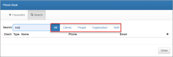 Phone Book showing search result tabs.