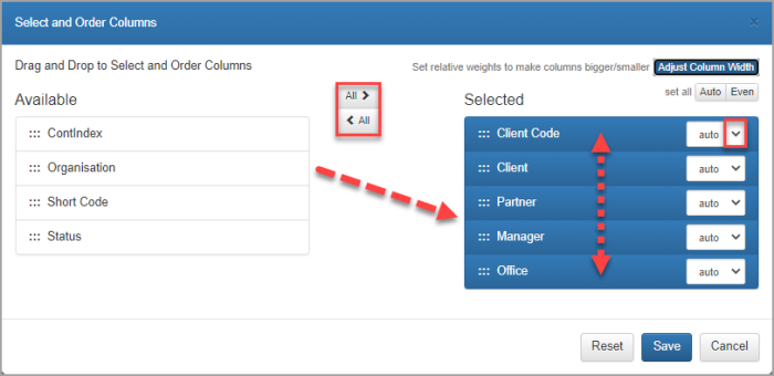 Select and Other Columns window showing how columns are added/ordered.