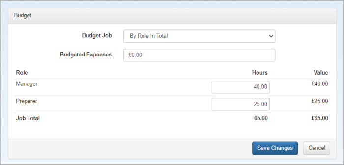 Budget tab from jobs page, with by role in total selected.