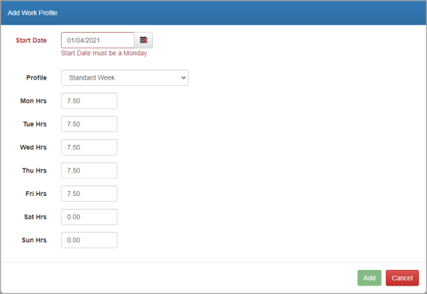 Add Work Profile window ready to enter hours.
