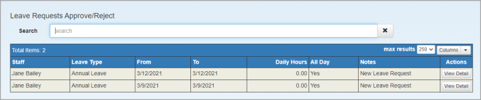 Leave Requests Approve/Reject page showing existing leave requests.