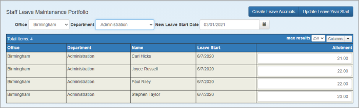 Staff Leave Maintenance Portfolio listing staff leave details.