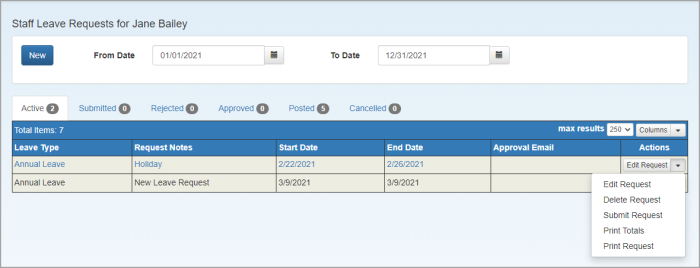 Staff Leave Requests page showing Submit option.