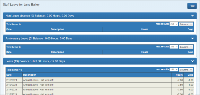 Staff Leave page accessed from Leave Balance dashlet.