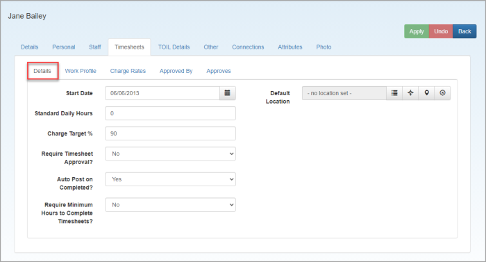 Staff page, Timesheets tab showing timesheet details.