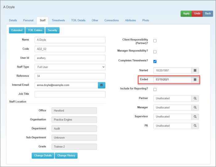 Staff Details page with Ended date field highlighted.