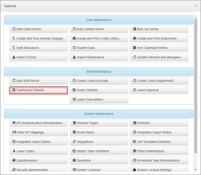 Taskpad with Dashboard Defaults highlighted.