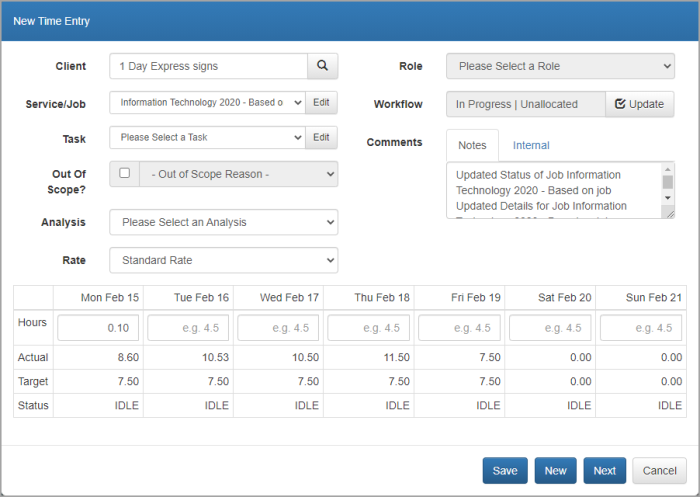 New Time Entry dialog populated with favourite.