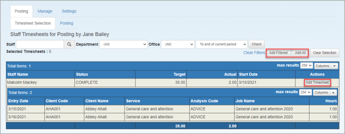 Timesheet Administration page showing timesheets ready to be posted with filter.