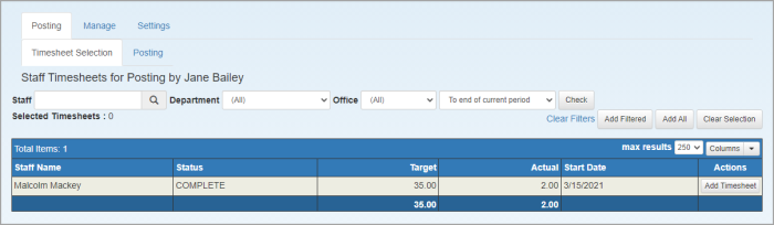 Timesheet Administration page showing timesheets ready to be posted.