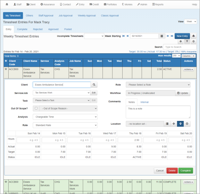 Timesheet Entries page showing inline view of entry.