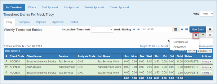 Timesheet Entries page with Activate All option highlighted.