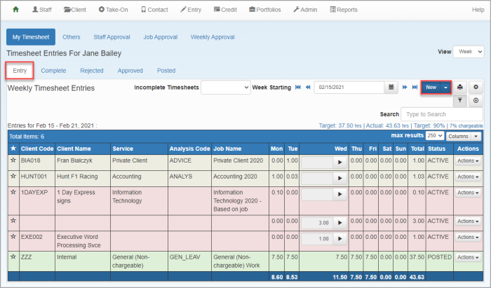 Timesheets page with Entry sub tab selected listing current timesheet entries..